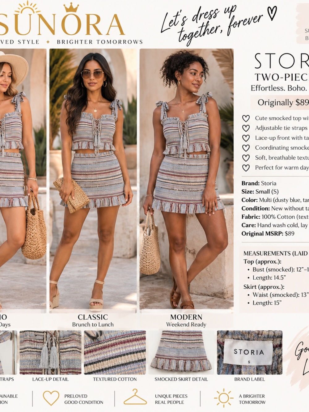 Storia Multicolor Striped Smocked Tie-Shoulder Mini Dress - Dusty Blue & Tan